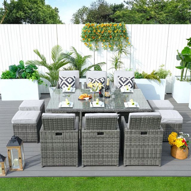 10-Seat Outdoor Rectangular Long Dining Wicker Set - Tropical - Outdoor ... for 10-Seat Outdoor Rectangular Long Dining Wicker Set, Gray