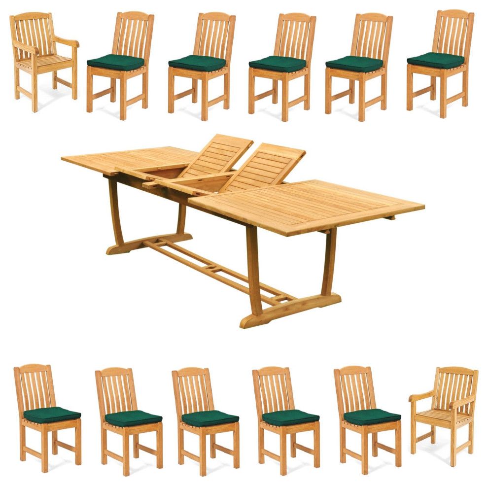 13-Piece Outdoor Teak Dining Set: 117" Masc Rectangle Table, 12 Devon Chairs - Transitional ... within 13-Piece Teak Dining Set, 117" Rectangle Table, 12 Arbor Stacking Armless Chairs