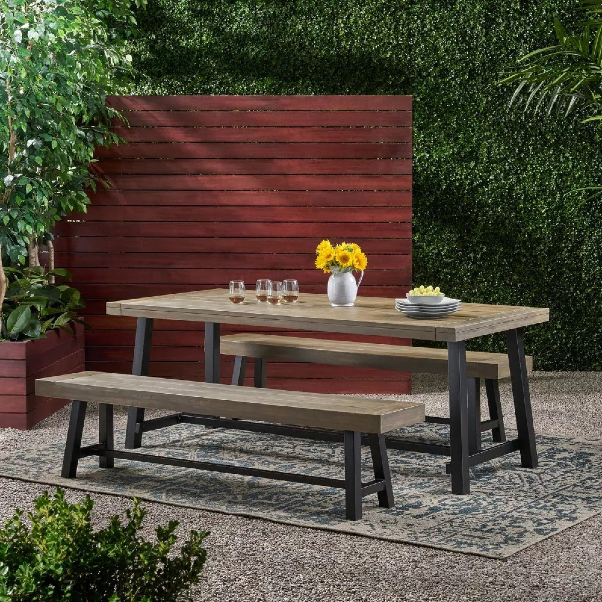 17 Stories Piece Outdoor Acacia Wood And Rustic Metal Picnic Dining Set ... in Why the Eason Outdoor Acacia Set with Hairpin Legs is a Summer Essential