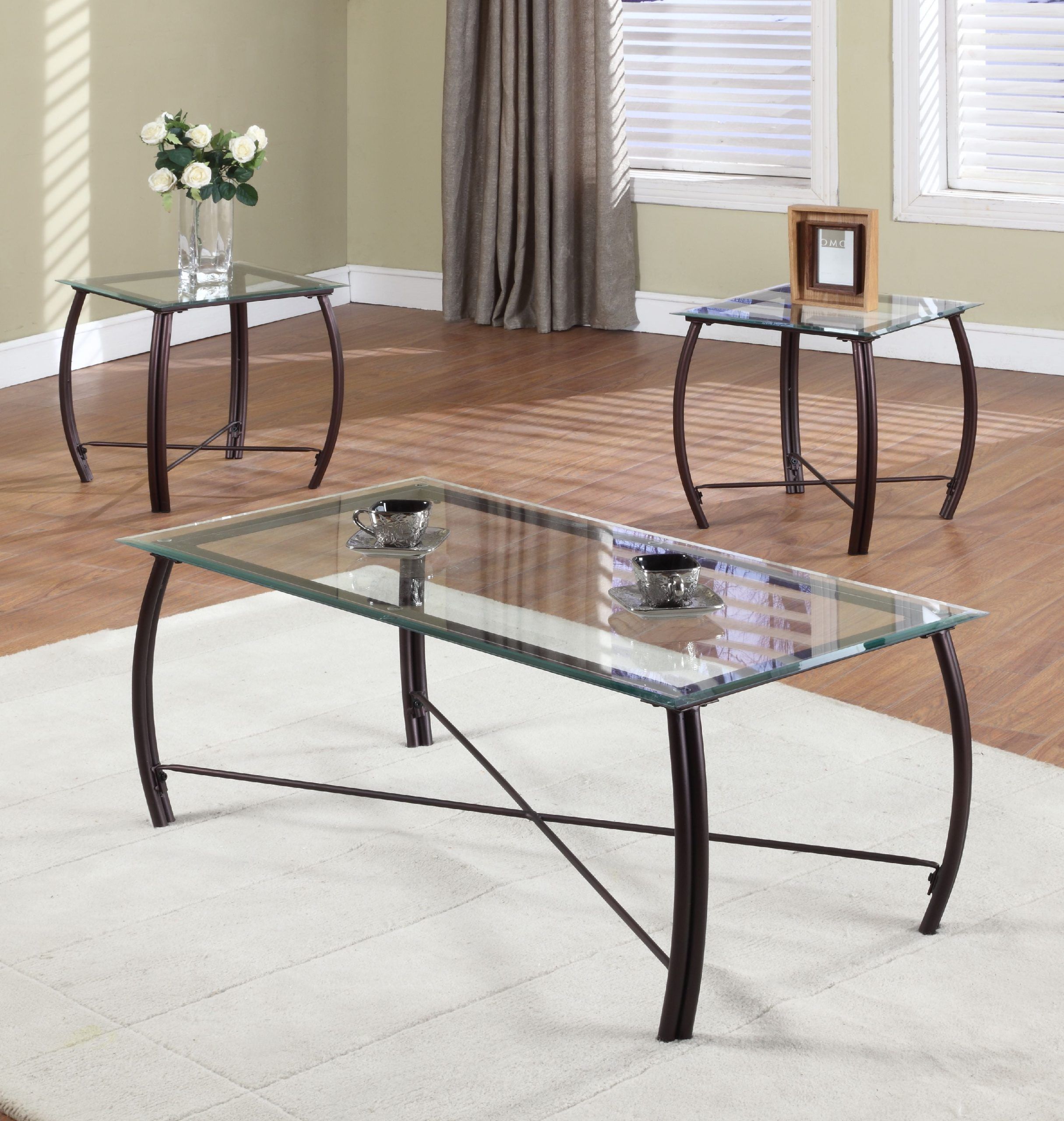 3 Piece Copper Metal & Bevelled Glass Top Occasional Cocktail Coffee ... within Emerson 3 Piece Coffee And End Table Set In Nickel Metal Finish And Glass Top