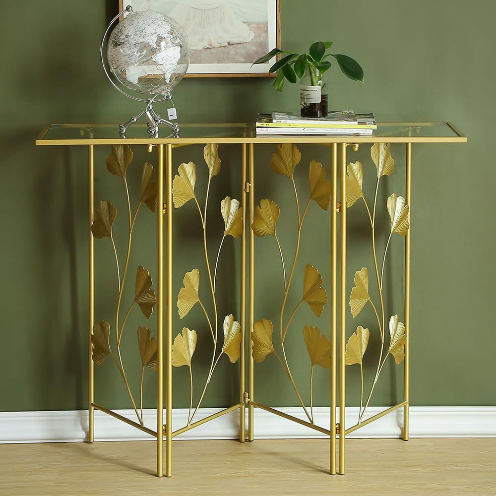43 Inch Gold Console Table, Sofa Table, Modern Entryway Table, Tempered ... with 43" Clear And Gold Glass Console Table With Storage