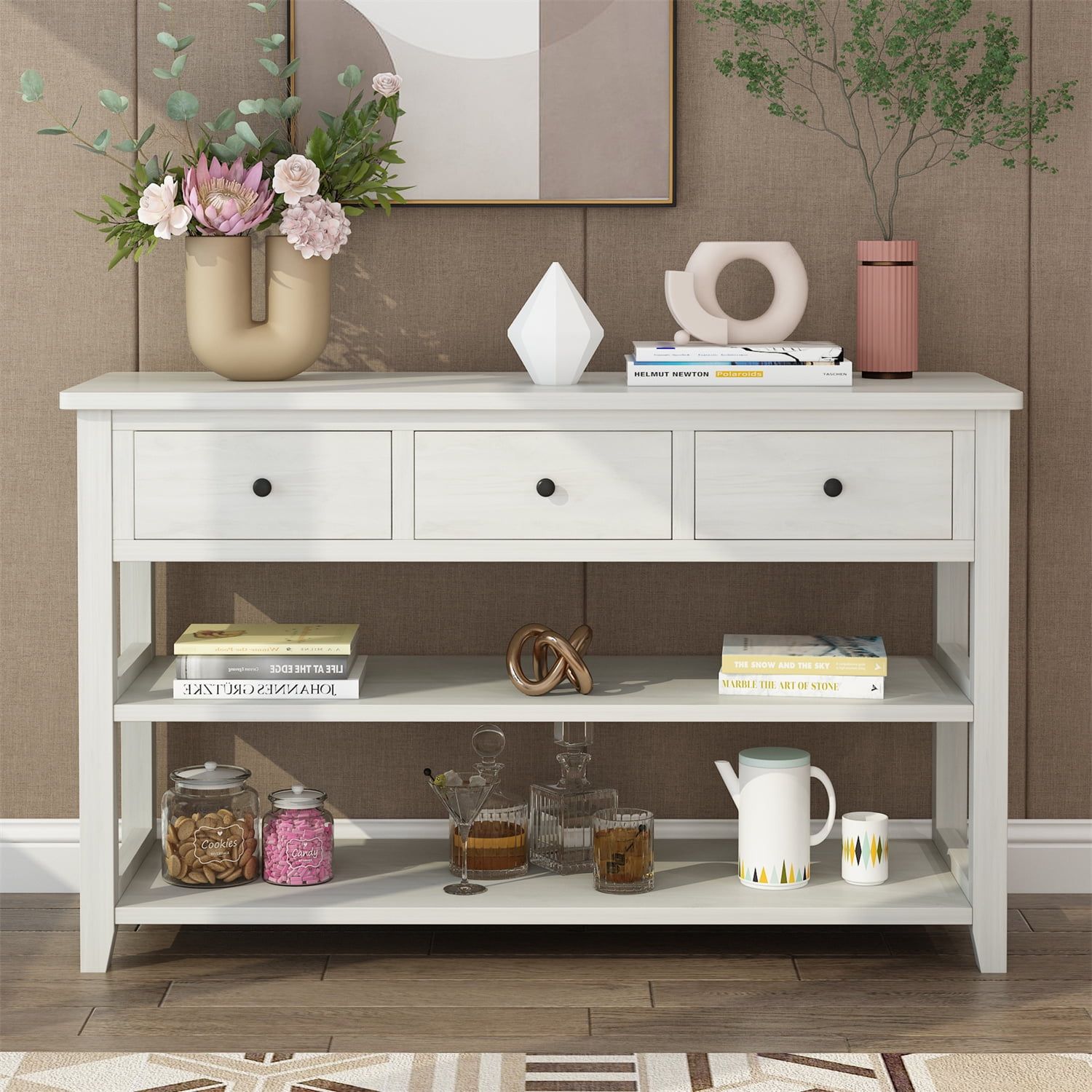 47" Antique White Console Table With 3 Drawers, 2 Shelves, Wood Frame For Living Room, Kitchen ... with Antique White Console Table With Carved Legs, Two Drawers & Open Shelf