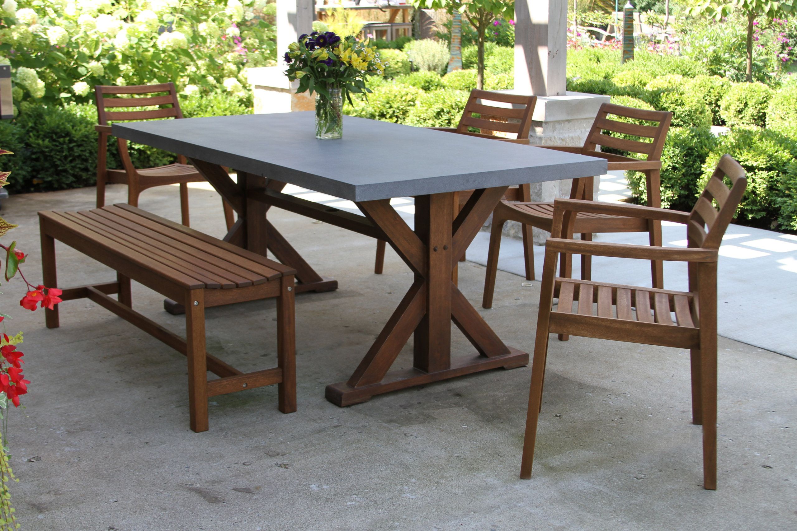6-Piece Dining Set With Composite Concrete Top, Backless Bench ... with regard to 6-Piece Dining Set With Composite Concrete Top, Backless Bench & Stacking Chairs