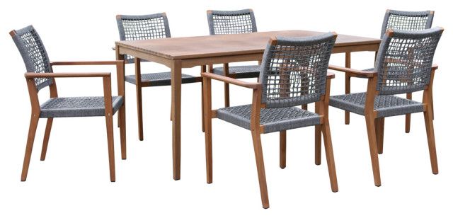 7-Piece Eucalyptus Dining Set With Stacking Rope Dining Chairs - Beach ... with regard to 7-Piece Eucalyptus Dining Set With Stacking Armchairs And Built-In Lazy Susan