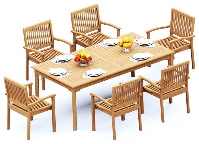 7-Piece Outdoor Teak Dining Set: 83" Rectangle Table, 6 Leveb Stacking Arm Chair - Transitional ... within Caring for Your Teak Outdoor Dining Furniture Through the Seasons