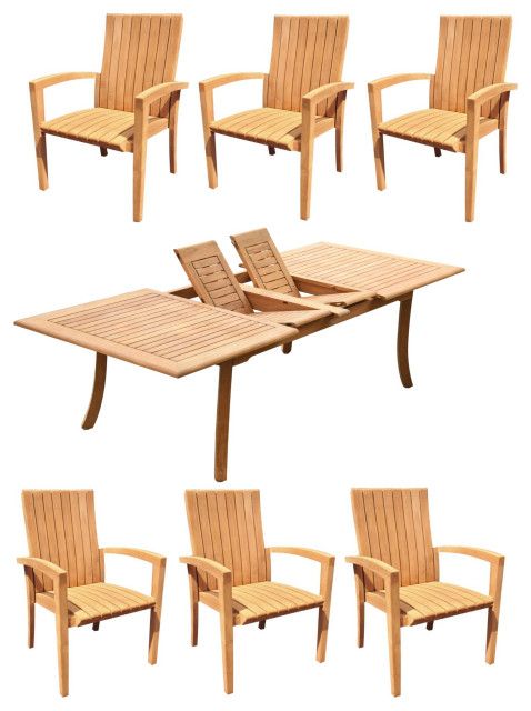 7-Piece Outdoor Teak Dining Set: 94" Rectangle Table, 6 Goa Stacking Arm Chairs - Transitional ... for 7-Piece Outdoor Teak Dining Set: 83" Rectangle Table, 6 Wave Stacking Arm Chairs