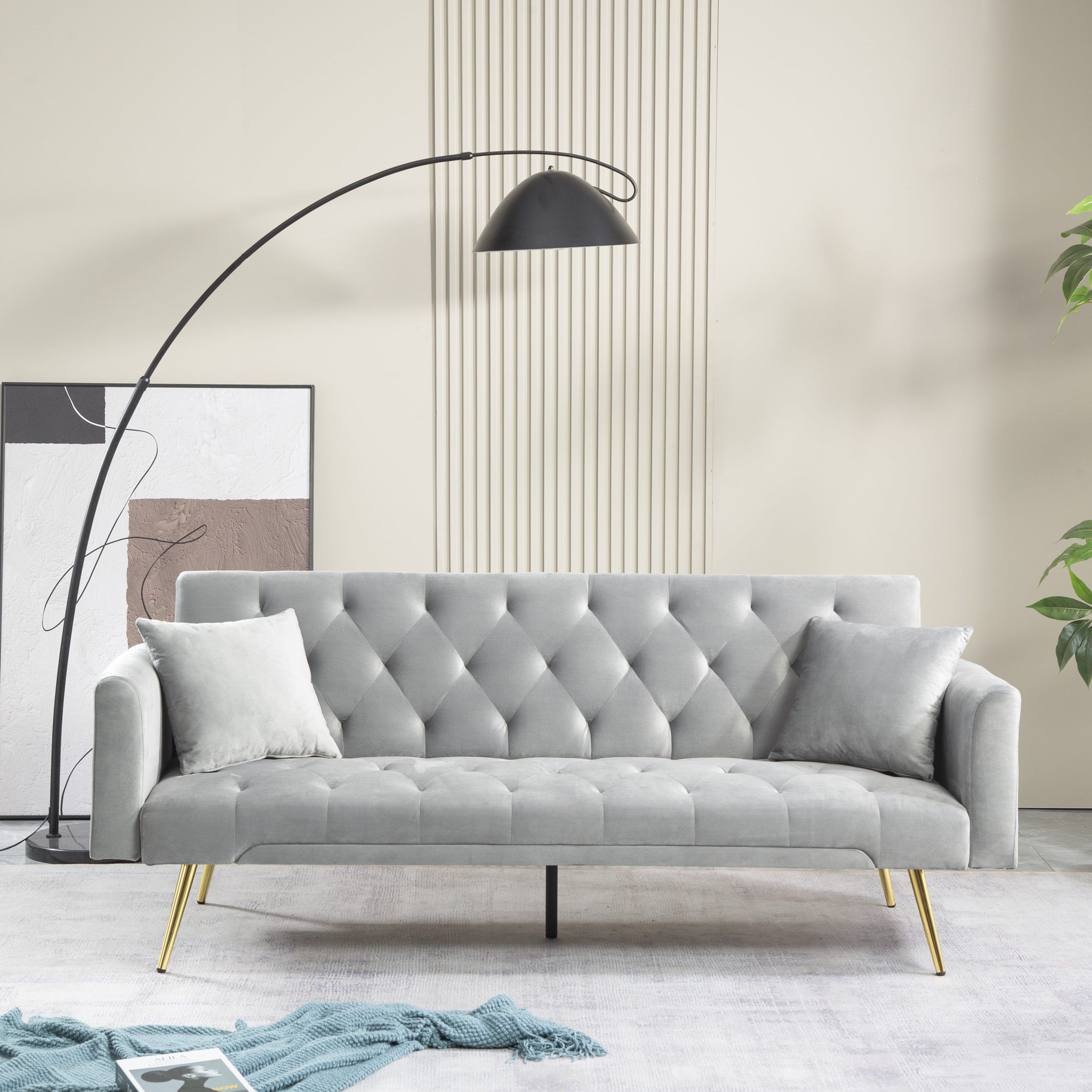 "71"" Gray Velvet Futon Sofa Bed With 2 Pillows, Convertible, 3 ... intended for Velvet Futon With 2 Pillows, Square Tufting & 3 Adjustable Backrest Angles