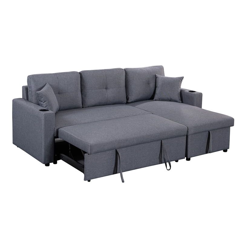 87" Wide Linen Fabric Reversible Sleeper Sofa & Chaise & Cup Holder ... in Maklaine Gray Linen Fabric Reversible Sleeper Sofa Storage Chaise