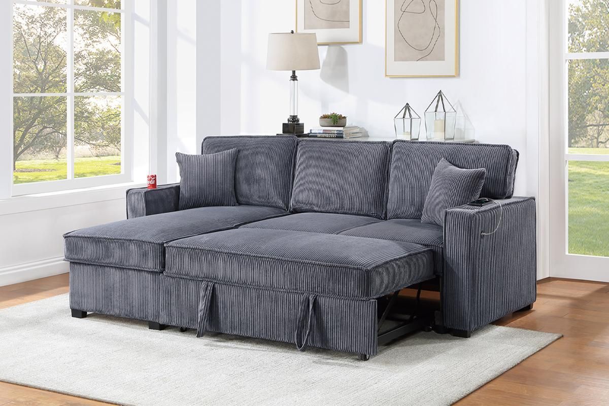 89" Grey Corduroy Sectional Sofa Bed, Sectional Sofa Bed, Grey Sofa ... for Jide Sleeper Sofa, Gray