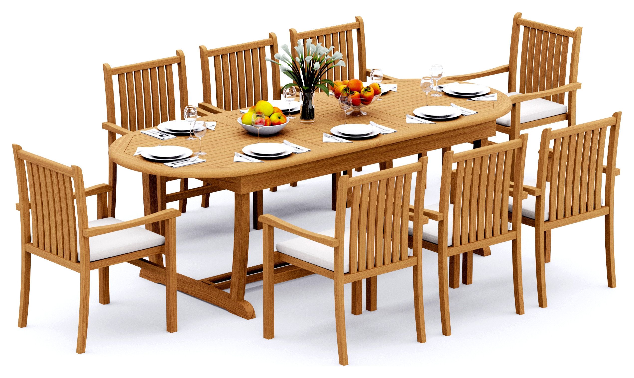 9-Piece Outdoor Teak Dining Set: 94" Masc Oval Table, 8 Cahyo Stacking Arm Chair - Transitional ... for Maximizing Comfort and Style with Wave Stacking Armchairs