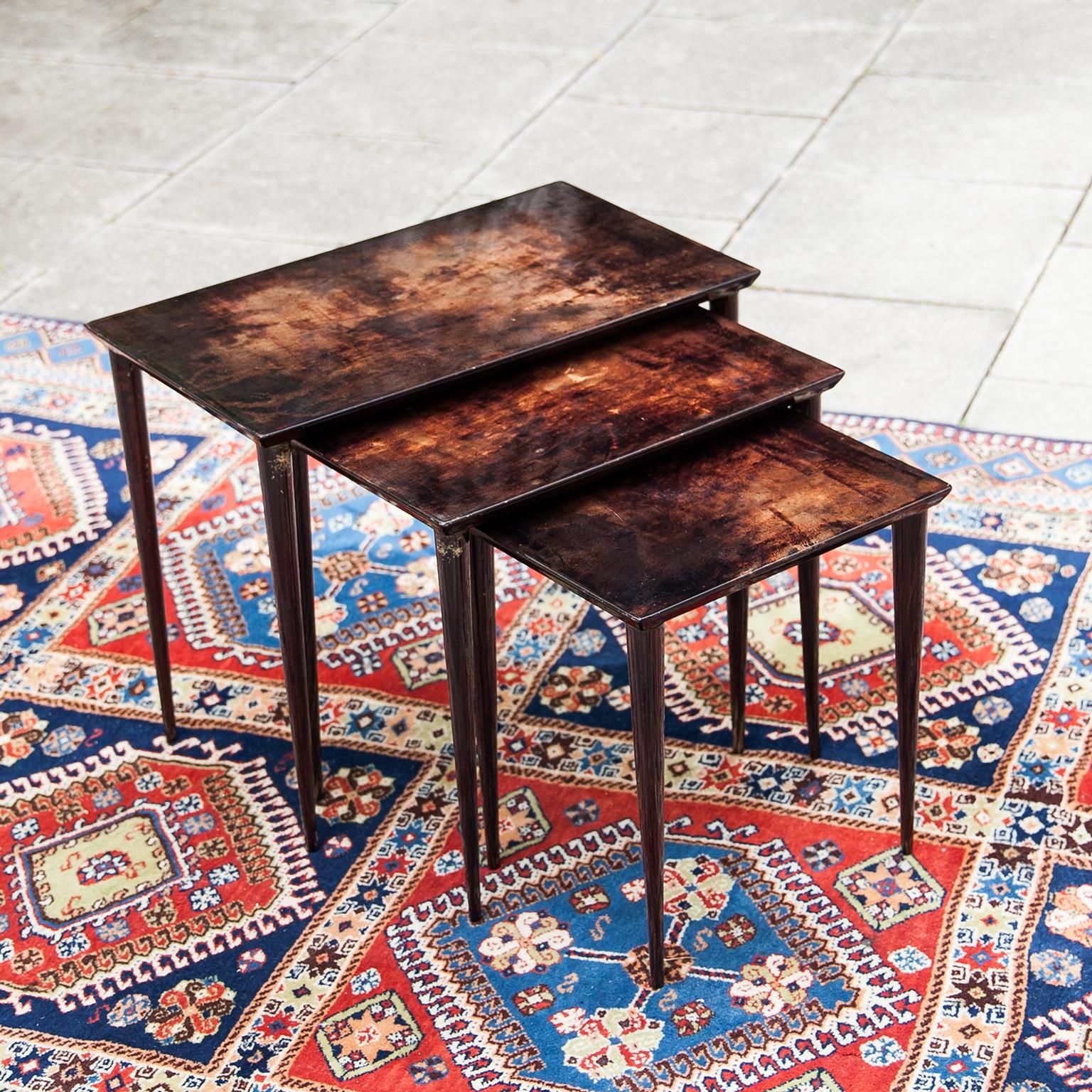Aldo Tura Brown Goatskin Small Side Nesting Tables At 1Stdibs intended for Lynda Nesting Tables, Dark Brown