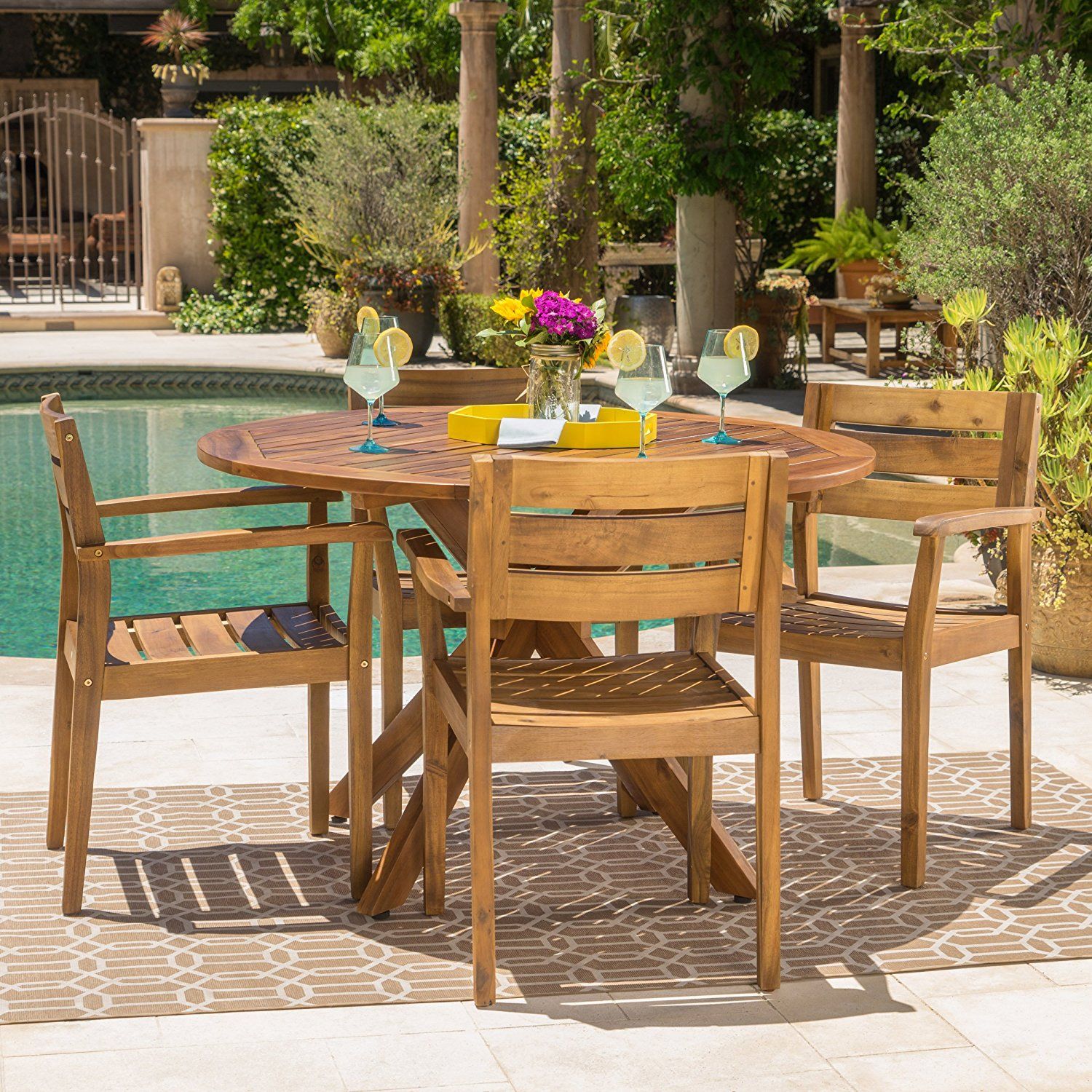All Wood 5 Piece Outdoor Acacia Wood Dining Set With Teak Finish ... within Why the Martha Outdoor Acacia Wood Dining Set is a Timeless Choice