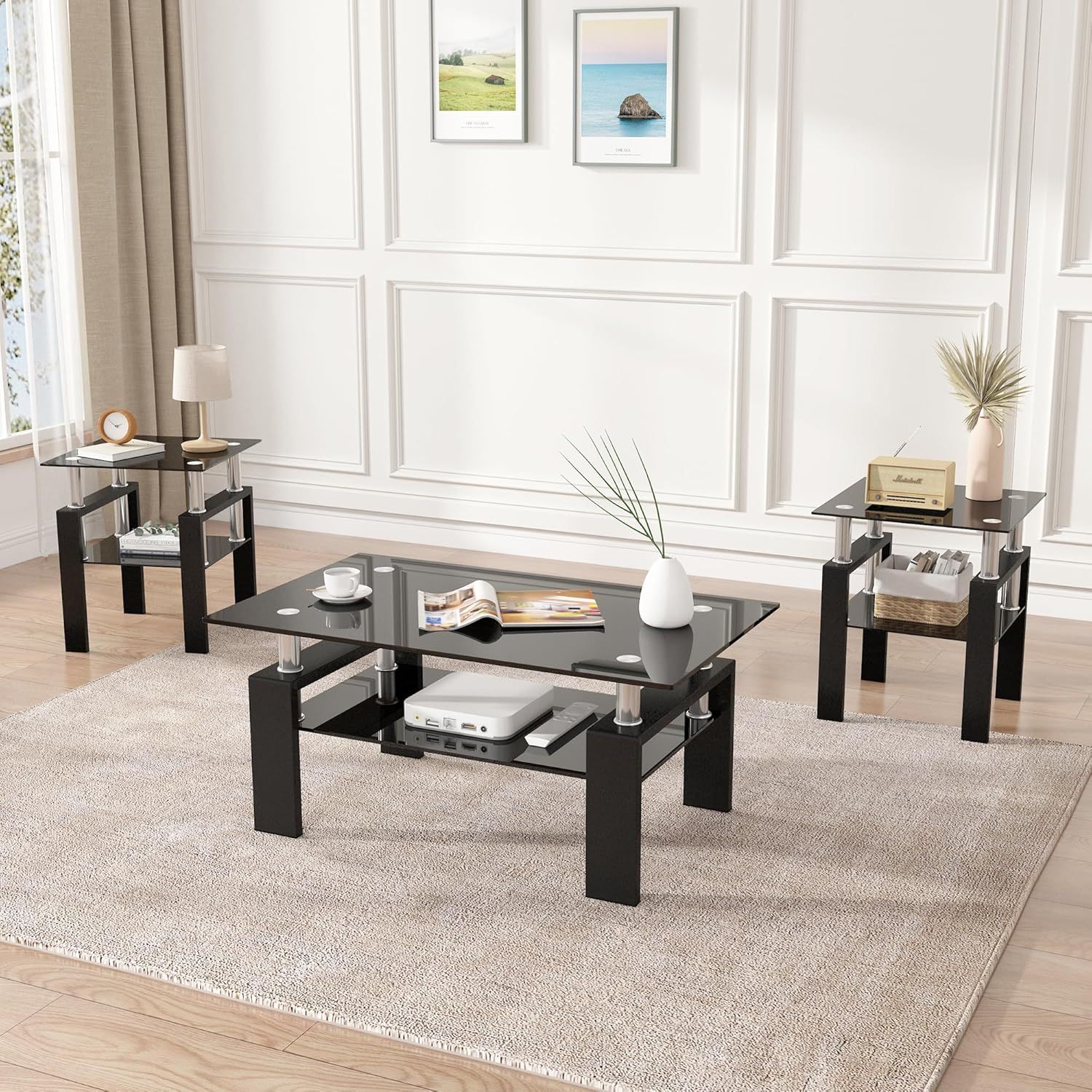 Amazon.com: 3 Piece Living Room Table Set, Glass Coffee Table And End ... within Styling Tips for Your Emerson Nickel and Glass Table Set
