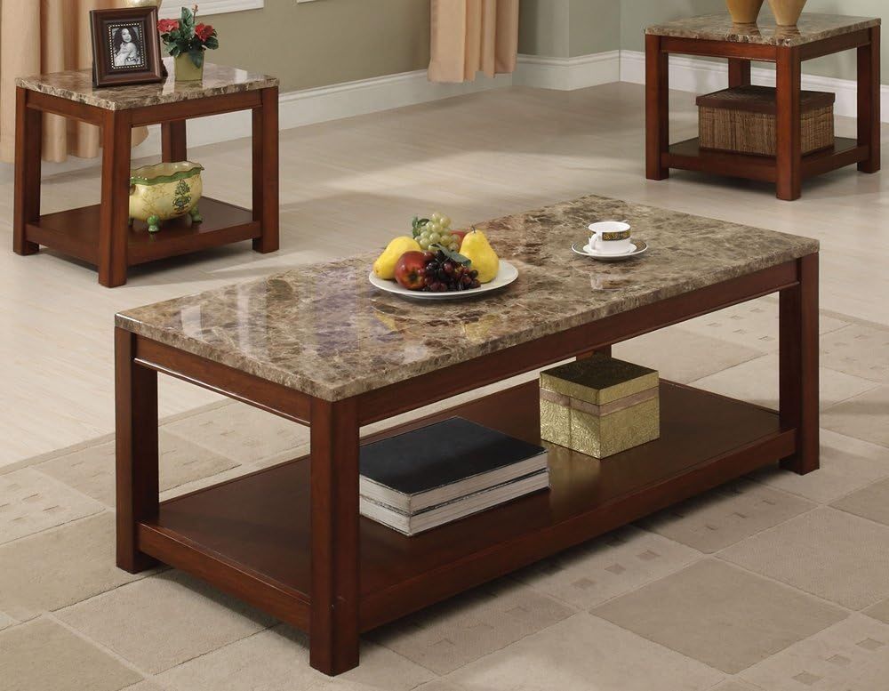 Amazon.com: Acme Bologna Pack Coffee/End Table Set, Brown Faux Marble ... in Acme Docila 3Pc Pack Coffee & End Set