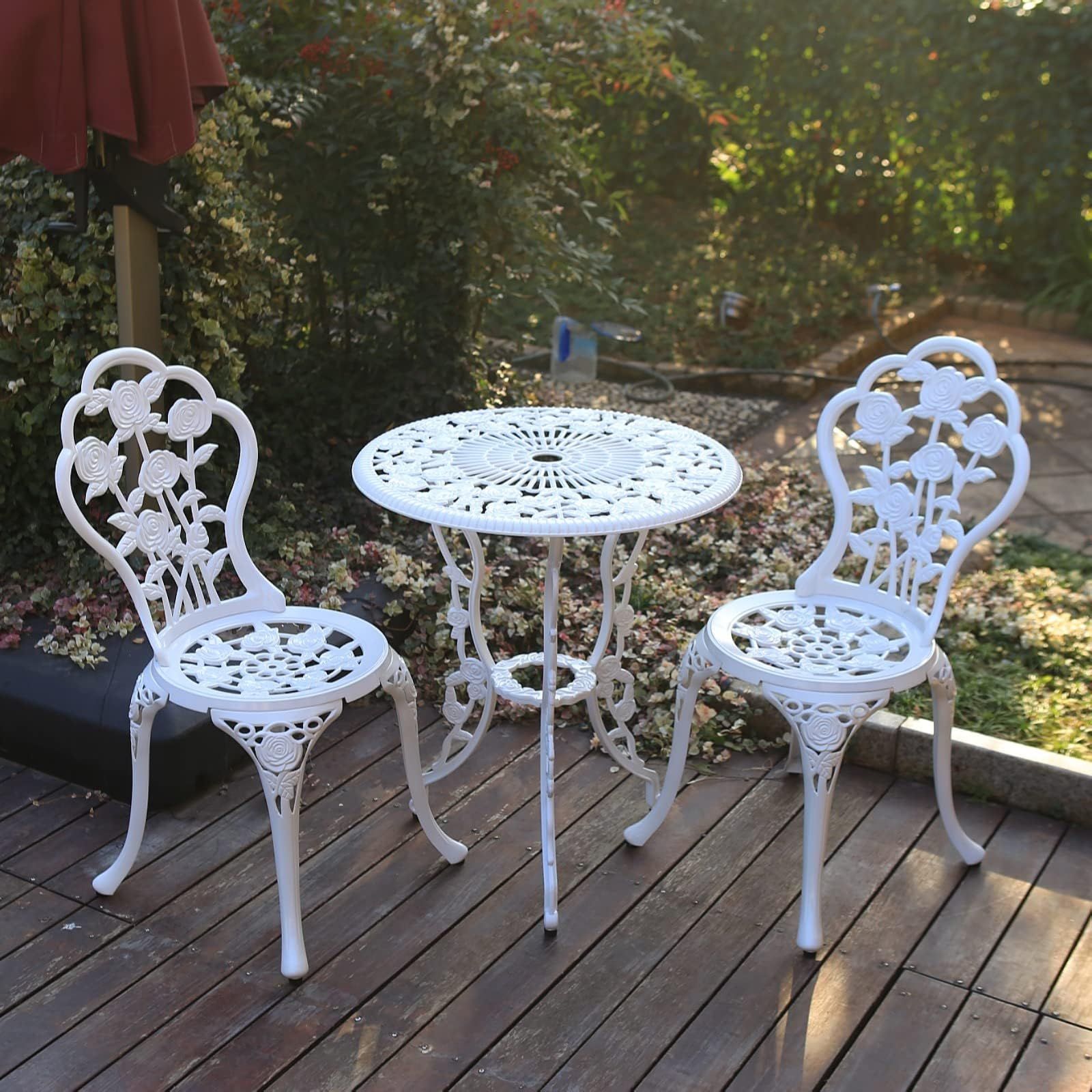 Amazon.com: Alpine Corporation 3-Piece Floral Bistro Outdoor Conversation Set For Patio, Yard ... throughout Elevate Your Outdoor Space with the Florence Teak Bistro Set