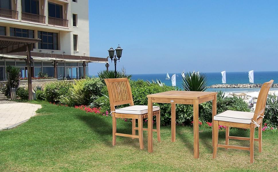 Amazon.com: Chic Teak 3 Piece Teak Wood Florence Intimate Bistro Dining ... in 3 Piece Teak Wood Florence Intimate Bistro Patio Dining Set With 2 Arm Chairs