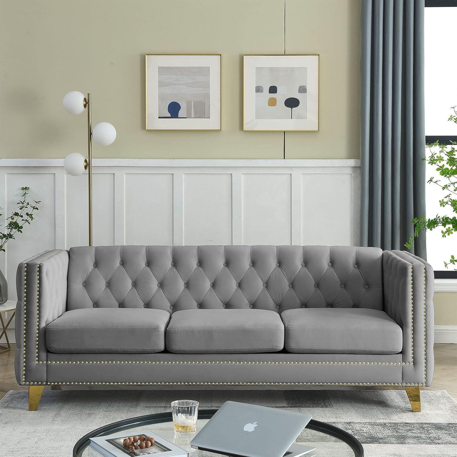 Amazon.com: Erye Modern Buttons Tufted 3-Section Velvet Upholstered ... within Why a Gray Tufted Velvet Sofa Remains a Decorator's Favorite