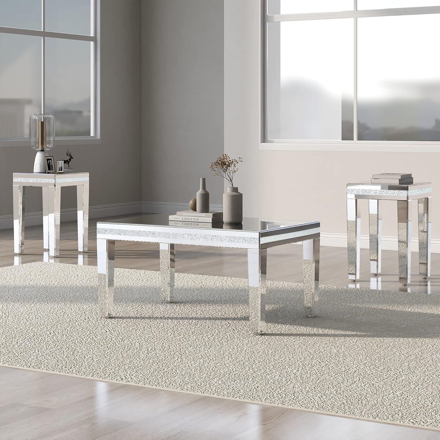 Amazon.com: Merax Modern 3 Piece Mirrored Table Set -Coffee Table And 2 Side End Tables With ... inside Soho 2 Piece Modern Coffee Table And Set Of 2 End Table Set In Glass