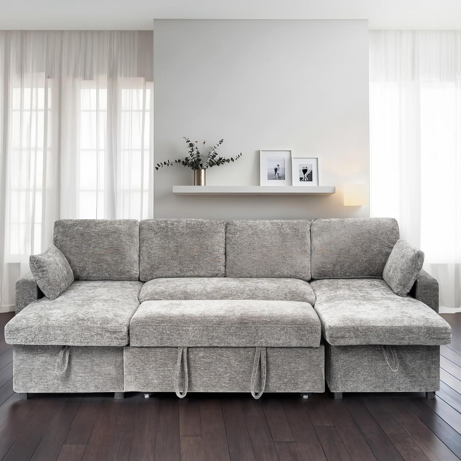 Amazon.com: Real Relax Sofa Bed, U Shaped Convertible Sleeper Couch ... in Convertible Chenille Sofa Bed With Accent Stitching And Hidden Storage, Dark Brown