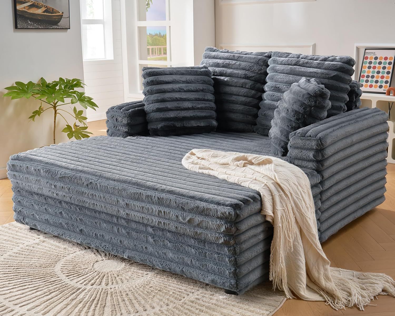 Amazon.com: Vanacc 53 Inch Chaise Lounge Indoor, Upholstered Sofa Bed ... inside Upholstered Sofa With Sleeper With Rolled Armrests In Blue
