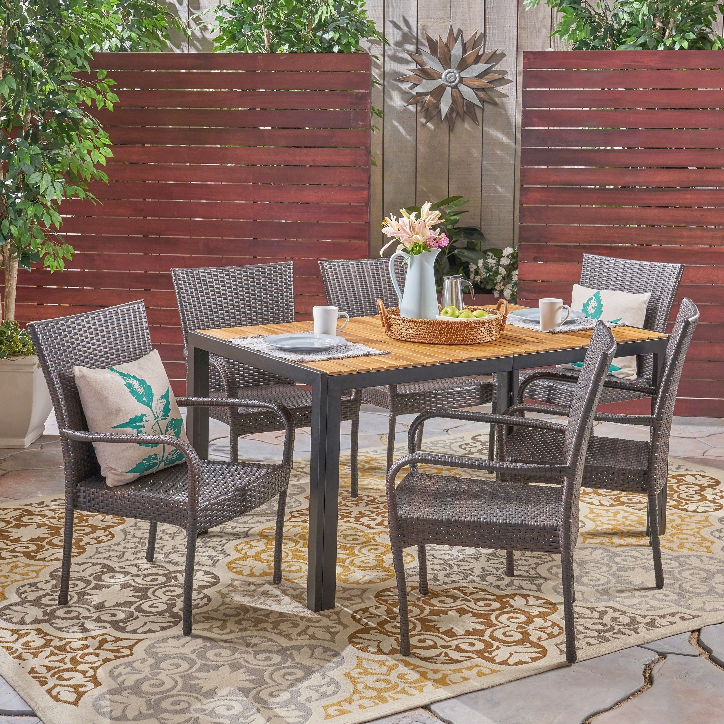 Aristotle Outdoor 6 Seater Acacia Wood Dining Set By Christopher Knight ... inside Veromca Outdoor 6 Seater Wood And Iron Dining Set