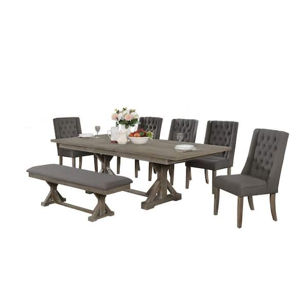 Best Quality Furniture Linda 7-Piece Rectangular Rustic Grey Wood Top Table Set With Bench, 5 ... regarding 7-Piece Composite Top Dining Set With Stacking Driftwood Grey Chairs