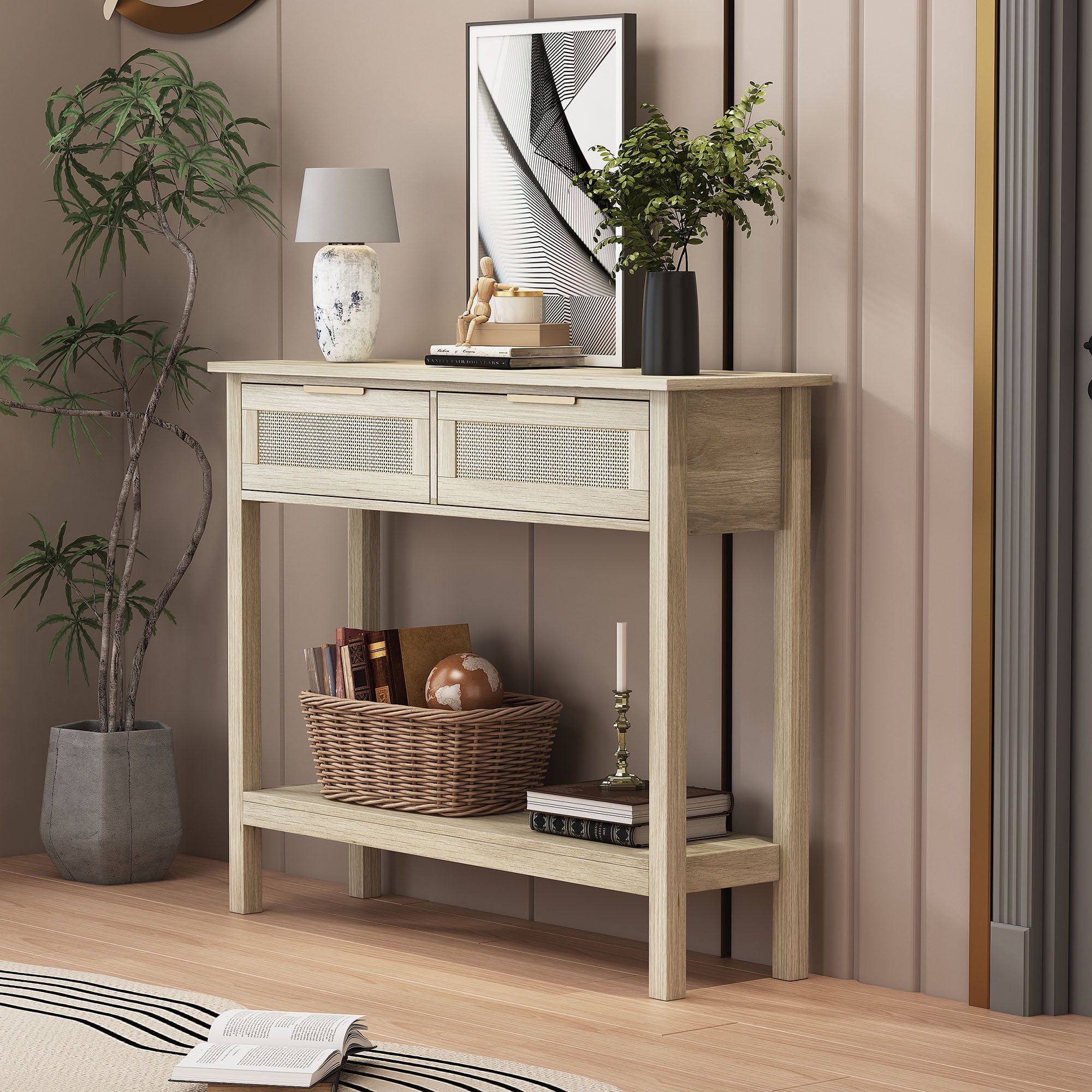 Boho Style Console Table With 2 Rattan Drawer And Bottom Storage Shelf ... regarding Farmhouse Console Table With 2 Drawer And Bottom Storage Shelf For Entryway, Blue
