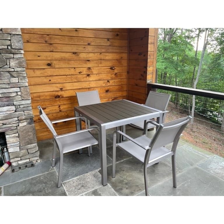 Boris Outdoor Modern 4 Seater Aluminum Dining Set With Faux Wood Table ... throughout Abbott Outdoor 4 Seater Aluminum Dining Set With Faux Wood Table Top, Aluminum + Faux Wood