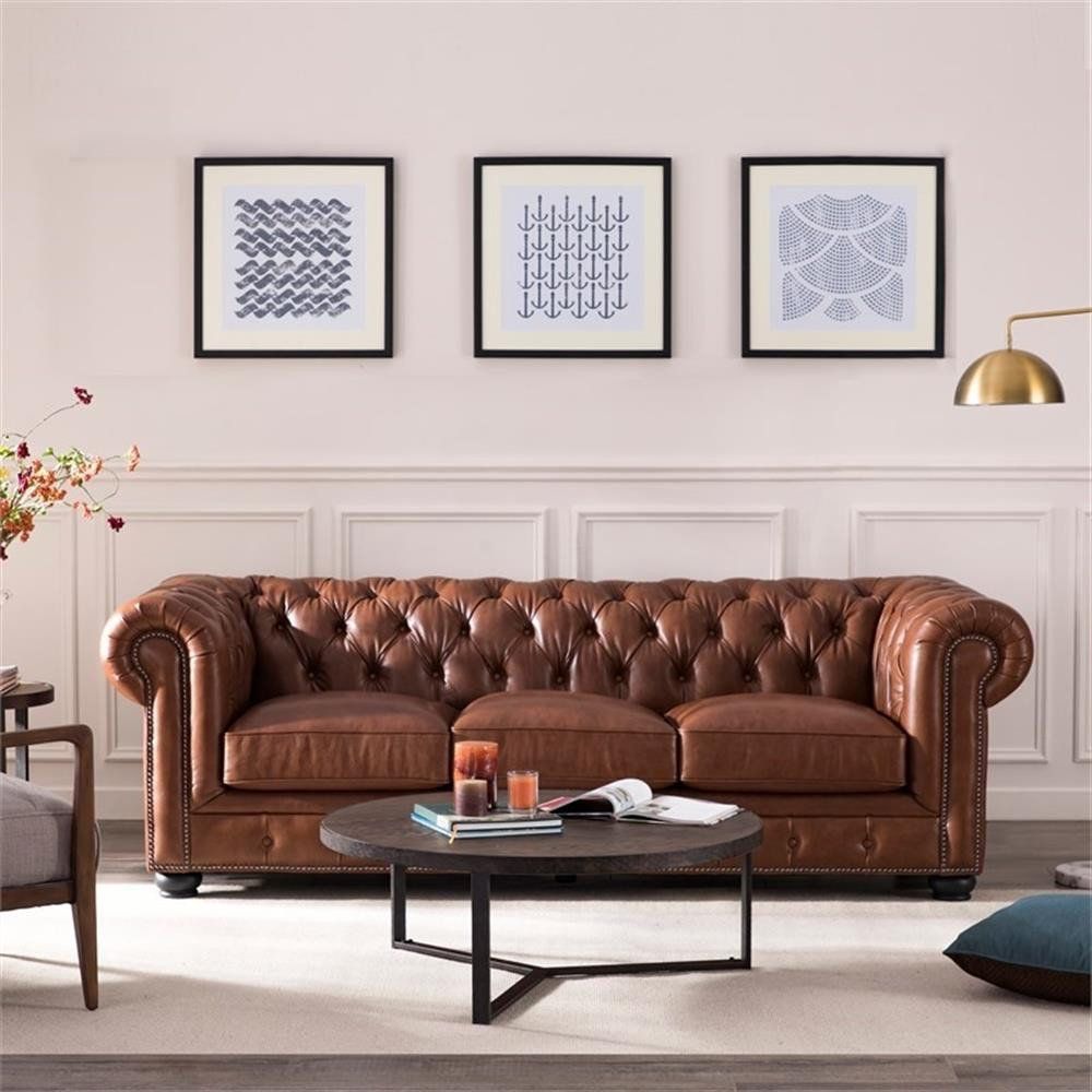 Bowery Hill 95"W Traditional Leather Tufted Back Chesterfield Sofa In ... inside Bowery Hill Tufted Sleeper Sofa In Black