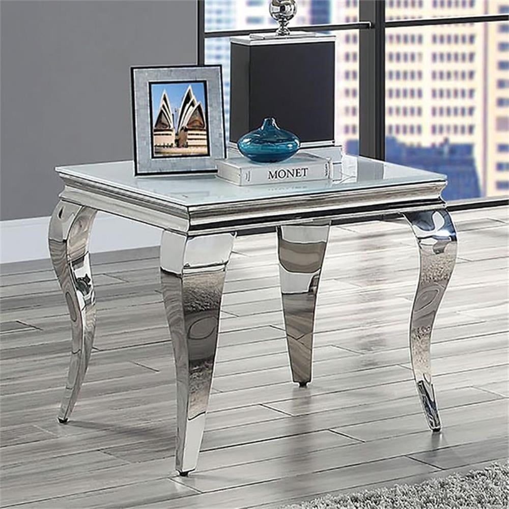 Bowery Hill Modern Glass Top End Table In White And Silver Finish ... with regard to Bowery Hill Glam Glass Top Sofa Table In Black And Silver Finish