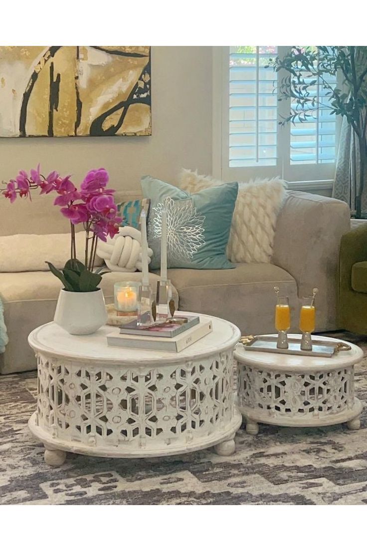 Buy 30" Round 2 Piece Wood Coffee Table, Carved Floral, Antique White ... pertaining to How a 30" Round Coffee Table Set Can Transform Your Living Space