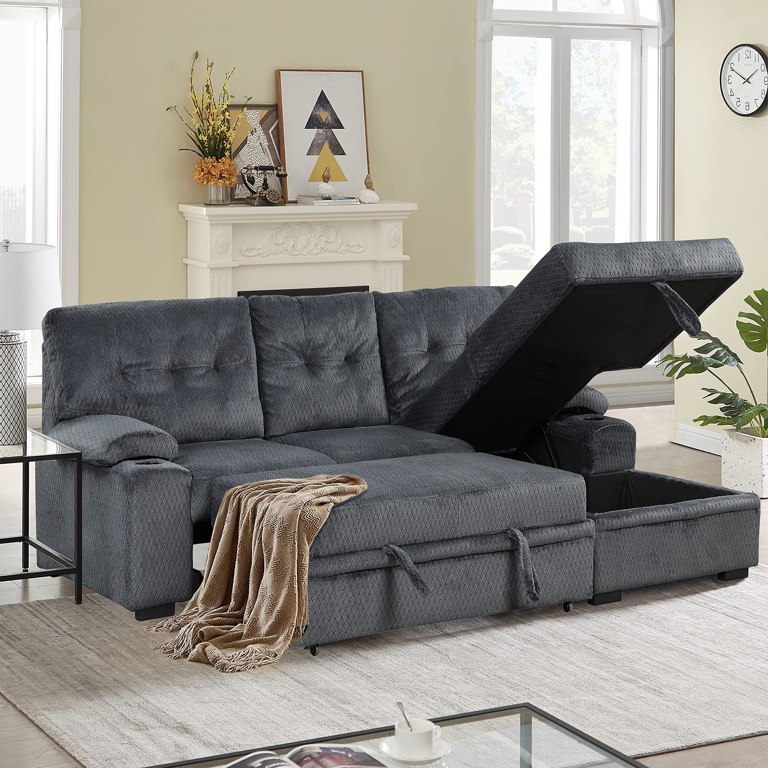 Buy 95.7Inch Er Sectional Sofa With Storage And 2 Cup Holder ... inside The Practical Guide to Compact Blue Sofa Beds 36x72