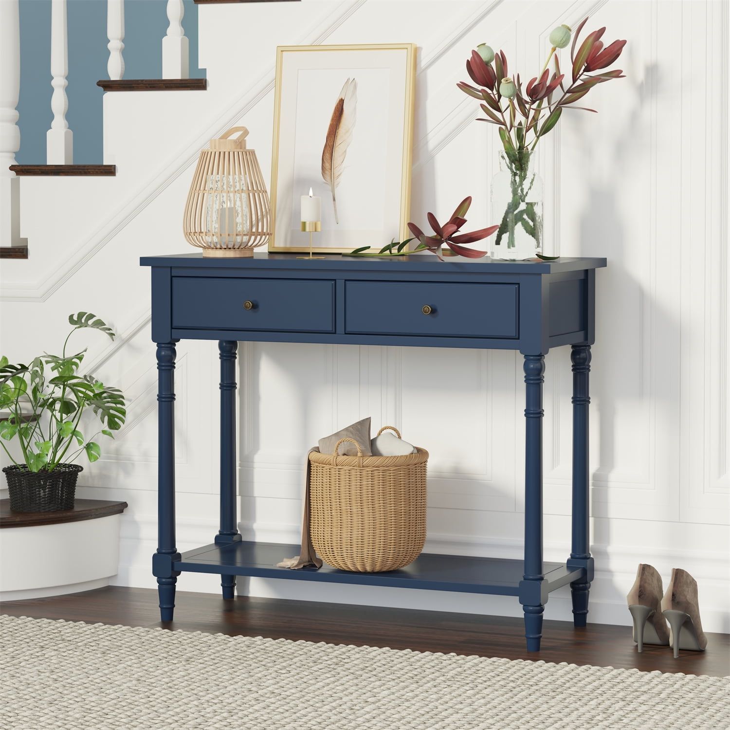 Console Table With 2 Drawers And Bottom Shelf, Farmhouse Wooden Narrow ... in Farmhouse Console Table With 2 Drawer And Bottom Storage Shelf For Entryway, Blue