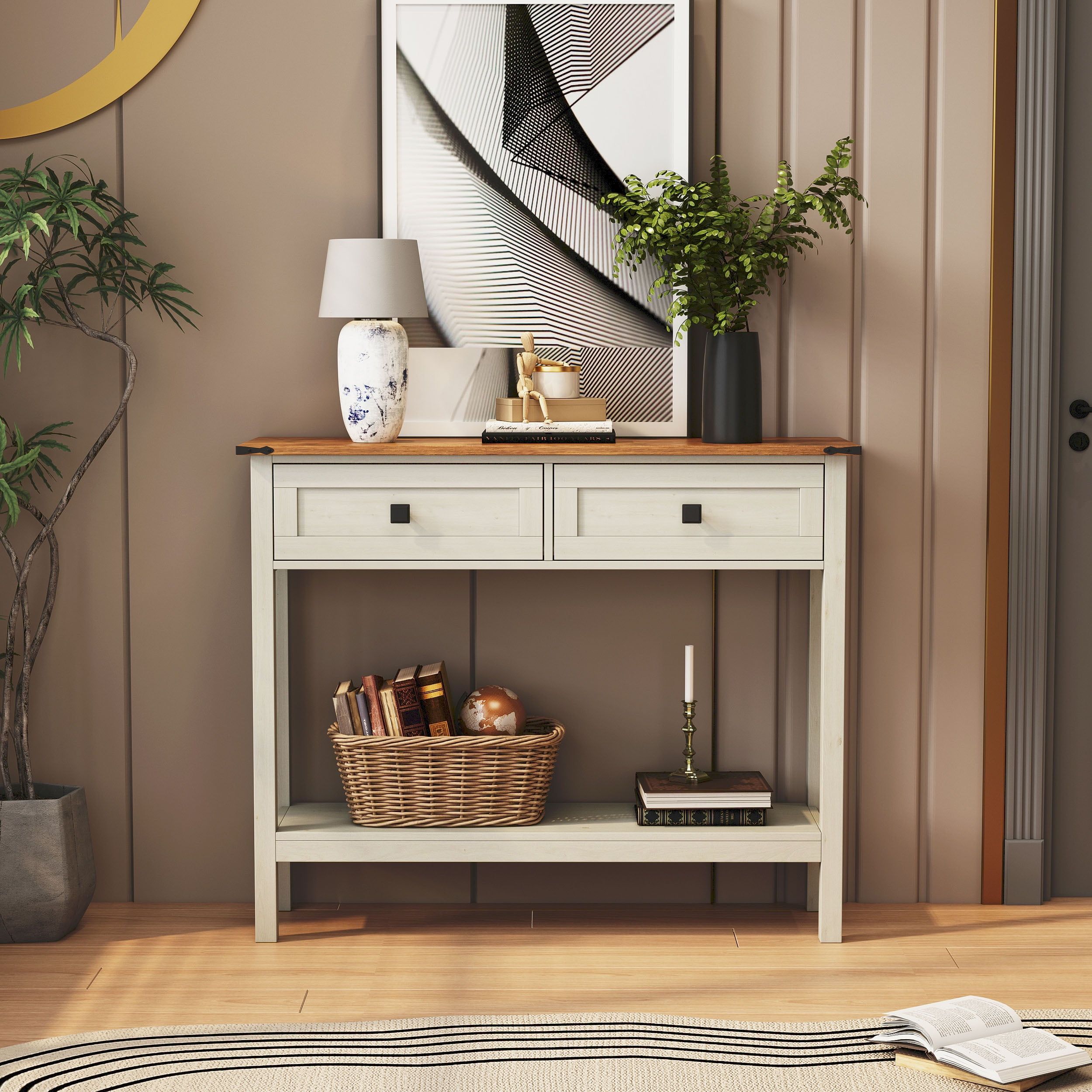 Console Table With 2 Rattan Drawer And Bottom Storage Shelf For ... pertaining to Farmhouse Console Table With 2 Drawer And Bottom Storage Shelf For Entryway, Blue