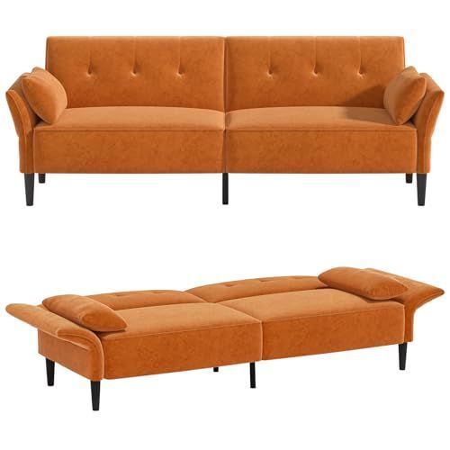 Copiae 89” Futon Sofa Bed, Velvet Fabric Comfy Futon Couch Bed With 2 ... with regard to Velvet Futon With 2 Pillows, Square Tufting & 3 Adjustable Backrest Angles