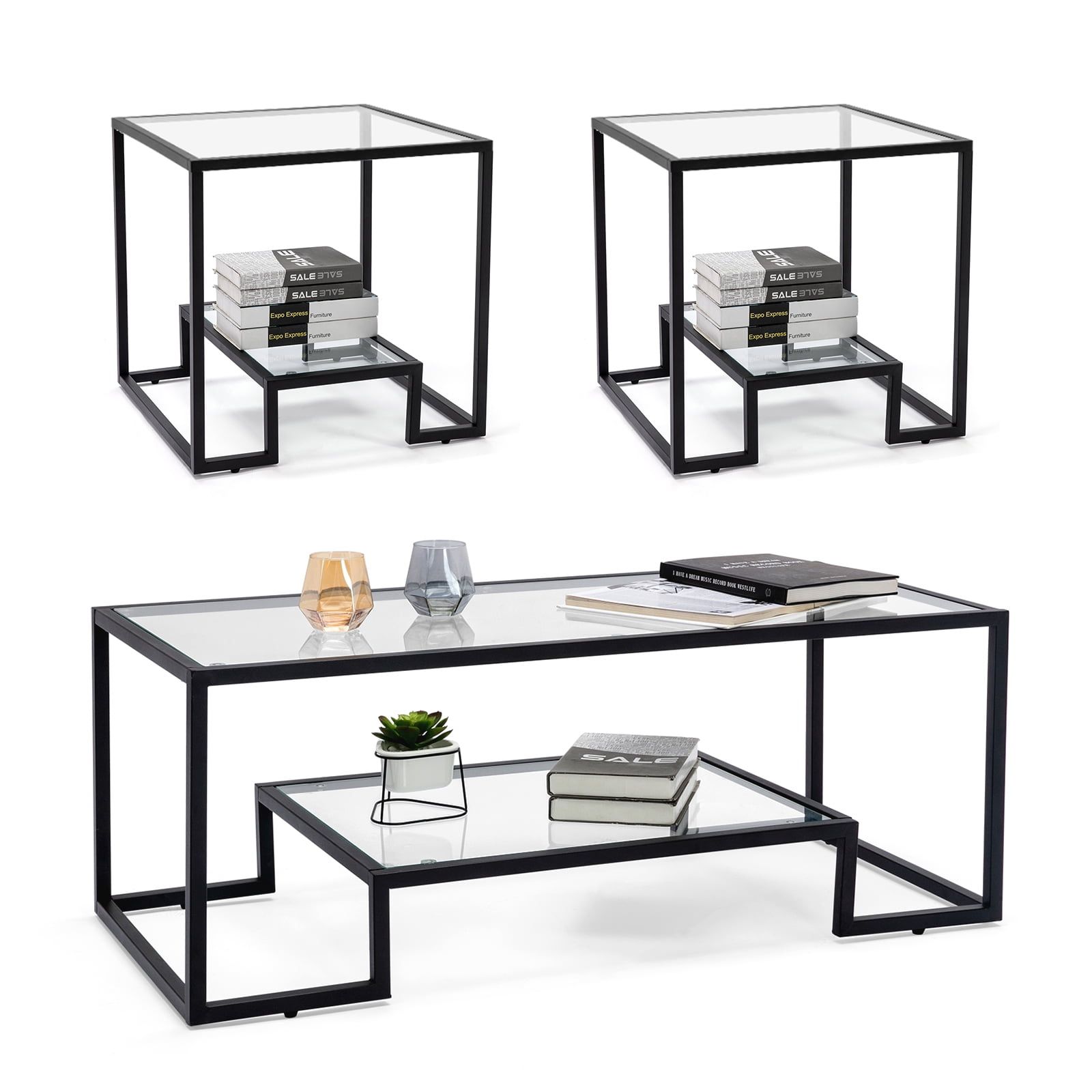 Cosvalve Modern Tempered Glass Top 3-Piece Table Set,Include Coffee Table And 2 End Tables,Black ... regarding Maysville Table Set, Coffee Table And 2 End Tables, Black