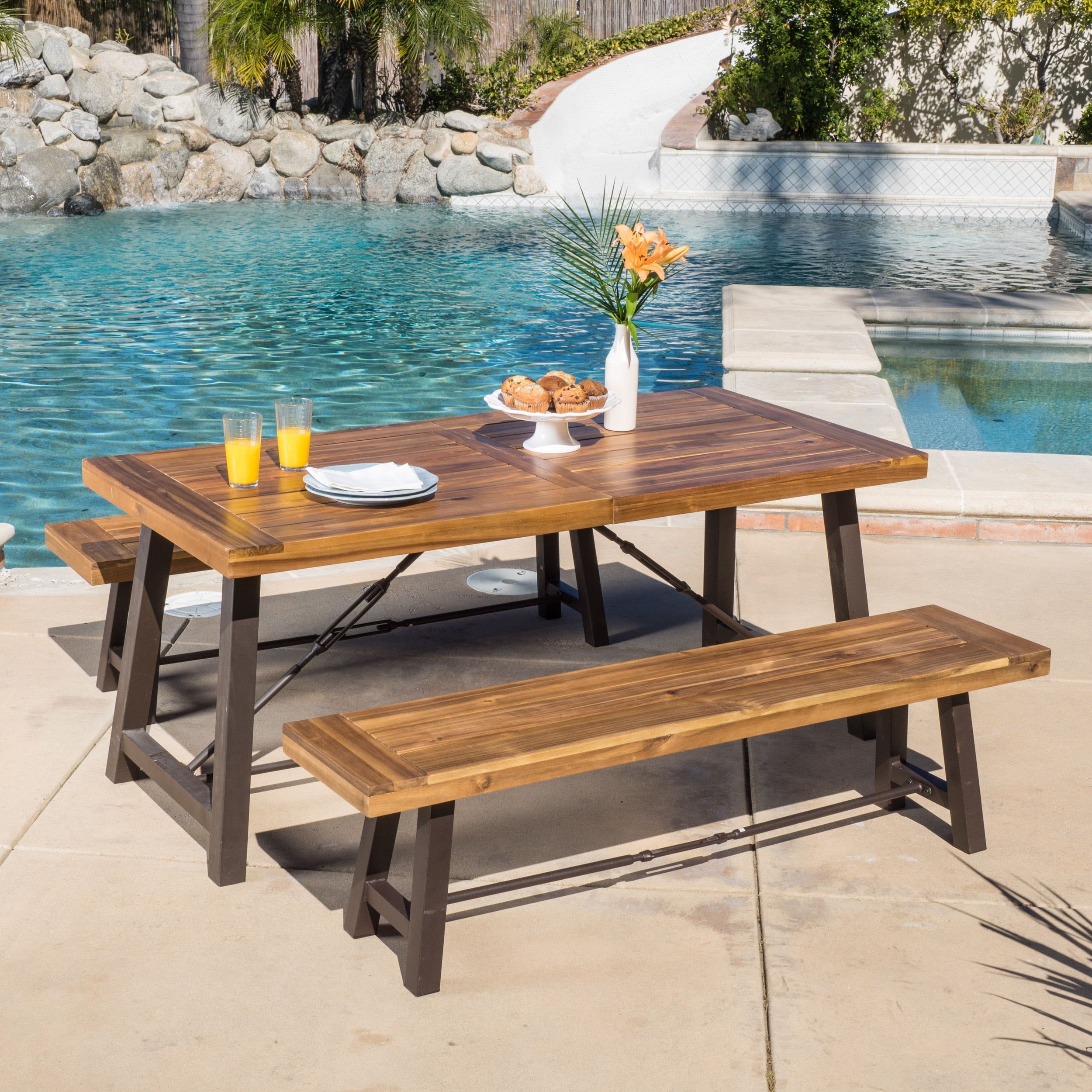 Davidson 3-Piece Outdoor Acacia Wood Picnic Dining Set, Teak Finish ... with regard to Eason Outdoor Acacia Picnic Dining Set With Metal Hairpin Legs
