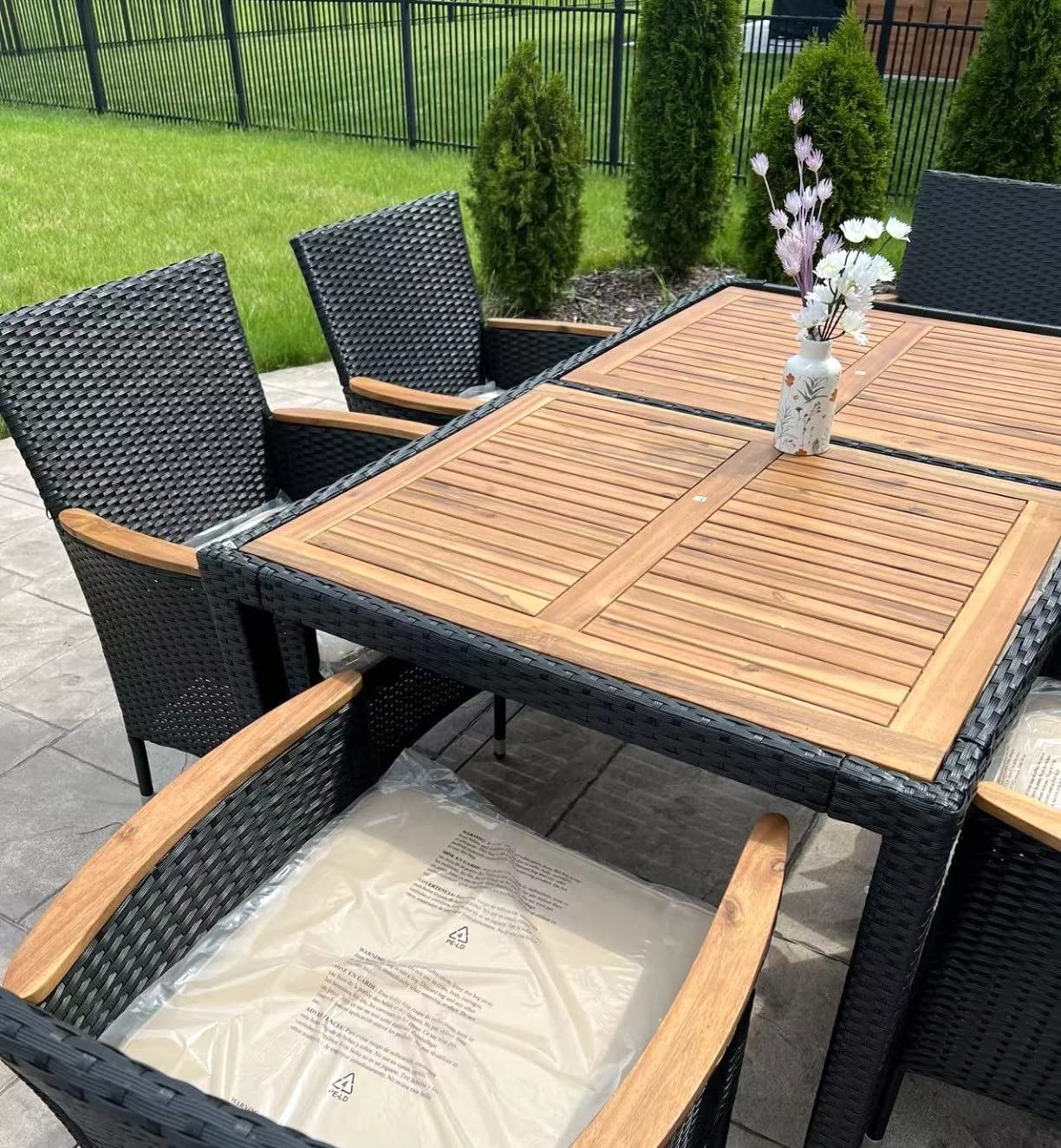 Devoko 7-Piece Outdoor Dining Set With Acacia Wood Table Top – All ... regarding Acacia Wood Care Tips for Your GDF Studio Castlelake Set
