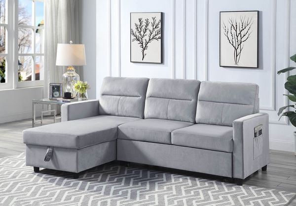 Dropship Ivy 81.5" Light Gray Velvet Reversible Sleeper Sectional Sofa ... with Ivy Light Gray Velvet Reversible Sleeper Sectional Storage Chaise Sidepocket