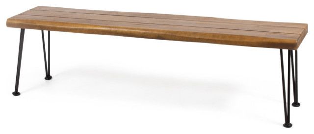 Eason Outdoor Industrial Acacia Wood Bench With Metal Hairpin Legs ... intended for Eason Outdoor Acacia Picnic Dining Set With Metal Hairpin Legs