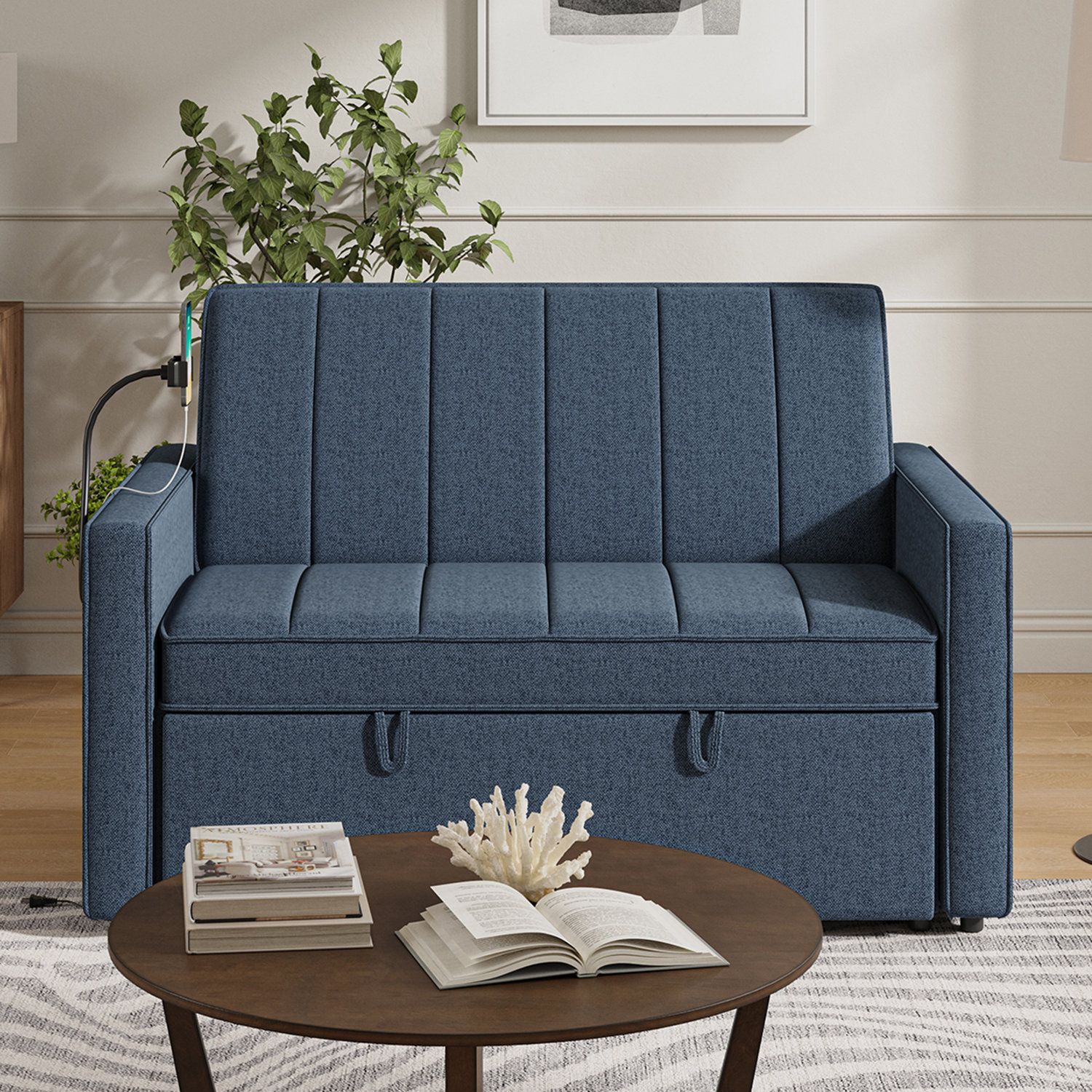 Ebern Designs Yasuro 53''W Modern Channel Tufted Sleeper Sofa With ... with regard to 53"W Channel Tufted Sofa Bed With Phone Holder And Built-In Usb Ports, Navy