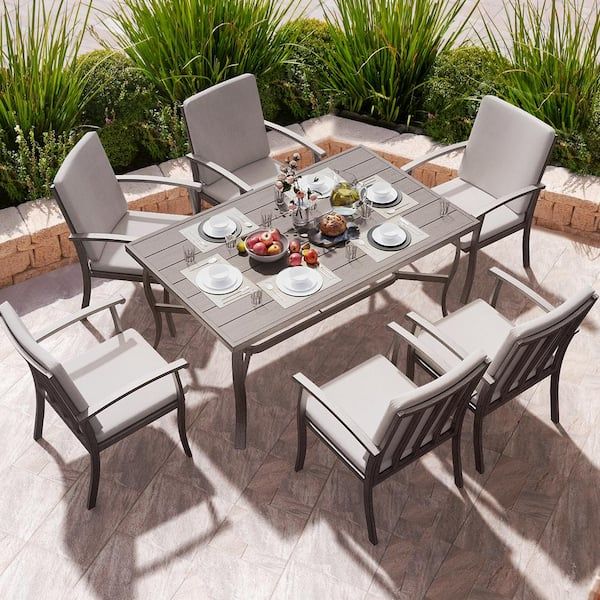 Egeiroslife Brown 7-Piece Aluminum Outdoor Dining Set With Rectangle ... within A Guide to Pairing Seating and Decor with Your Brown Gray Dining Set