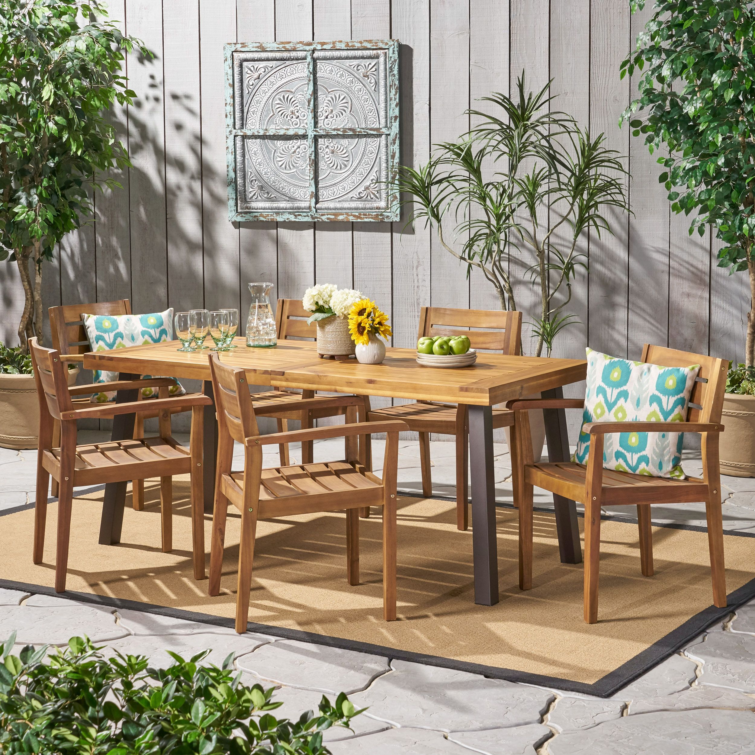 Emelie Outdoor 7 Piece Acacia Wood Dining Set With Rustic Metal Accents ... intended for Gdf Studio Castlelake Outdoor 7-Piece Dining Set With Acacia Wood Table