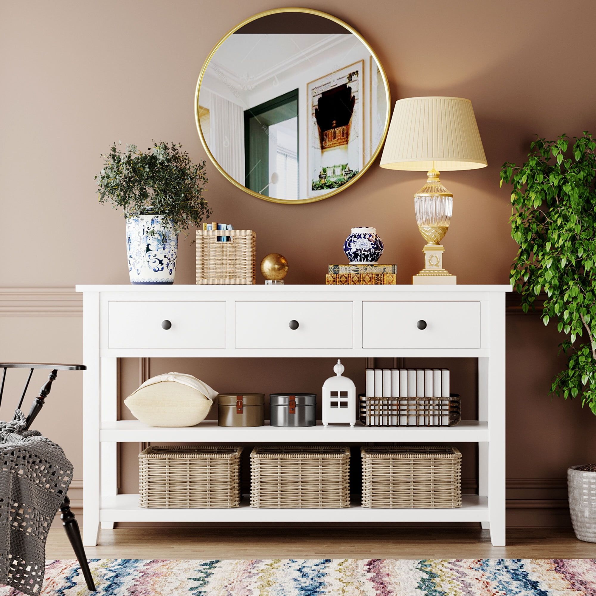 Euroco 50" Retro Design Console Table, Storage Sofa Table With 2 Open Shelves, 3 Drawers, Pine ... pertaining to Antique White Console Table With Carved Legs, Two Drawers & Open Shelf