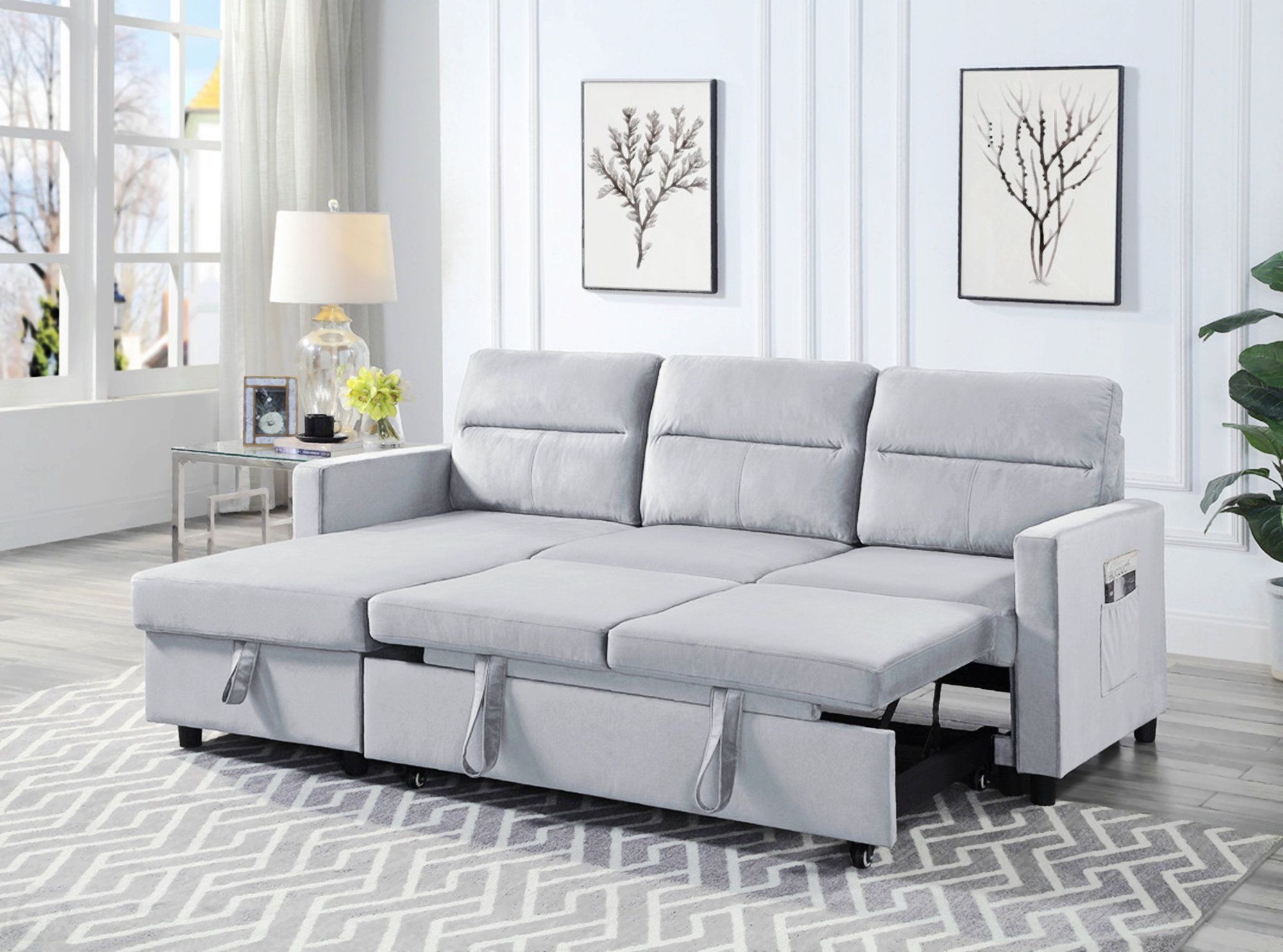 Everly Quinn Ruby 81.5" Light Gray Velvet Reversible Sleeper Sectional ... within Comfort Meets Convenience Ivy Light Gray Velvet Sectional Insights