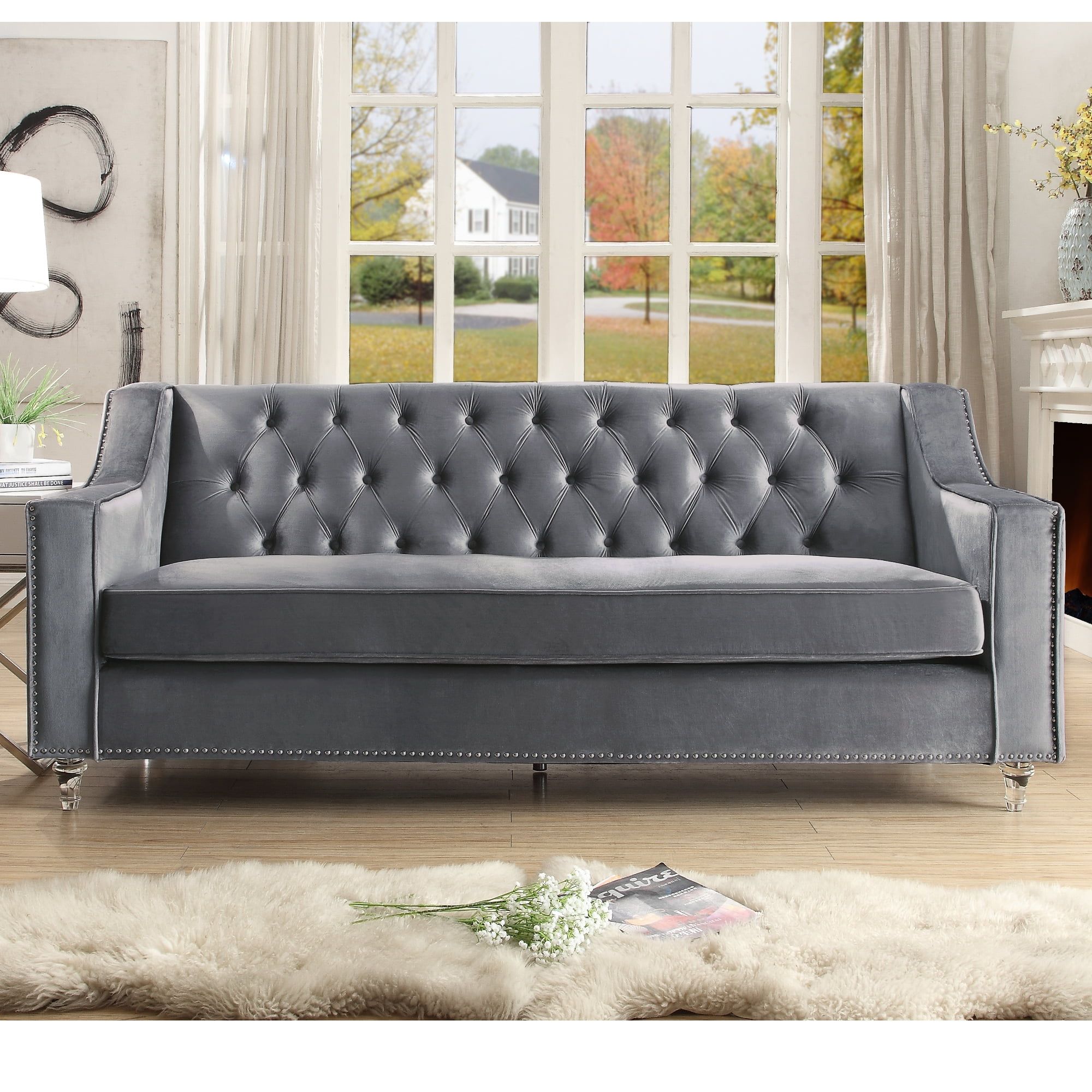 Flannigan Grey Velvet Sofa - Button Tufted | Lucite Acrylic Legs ... in Why a Gray Tufted Velvet Sofa Remains a Decorator's Favorite