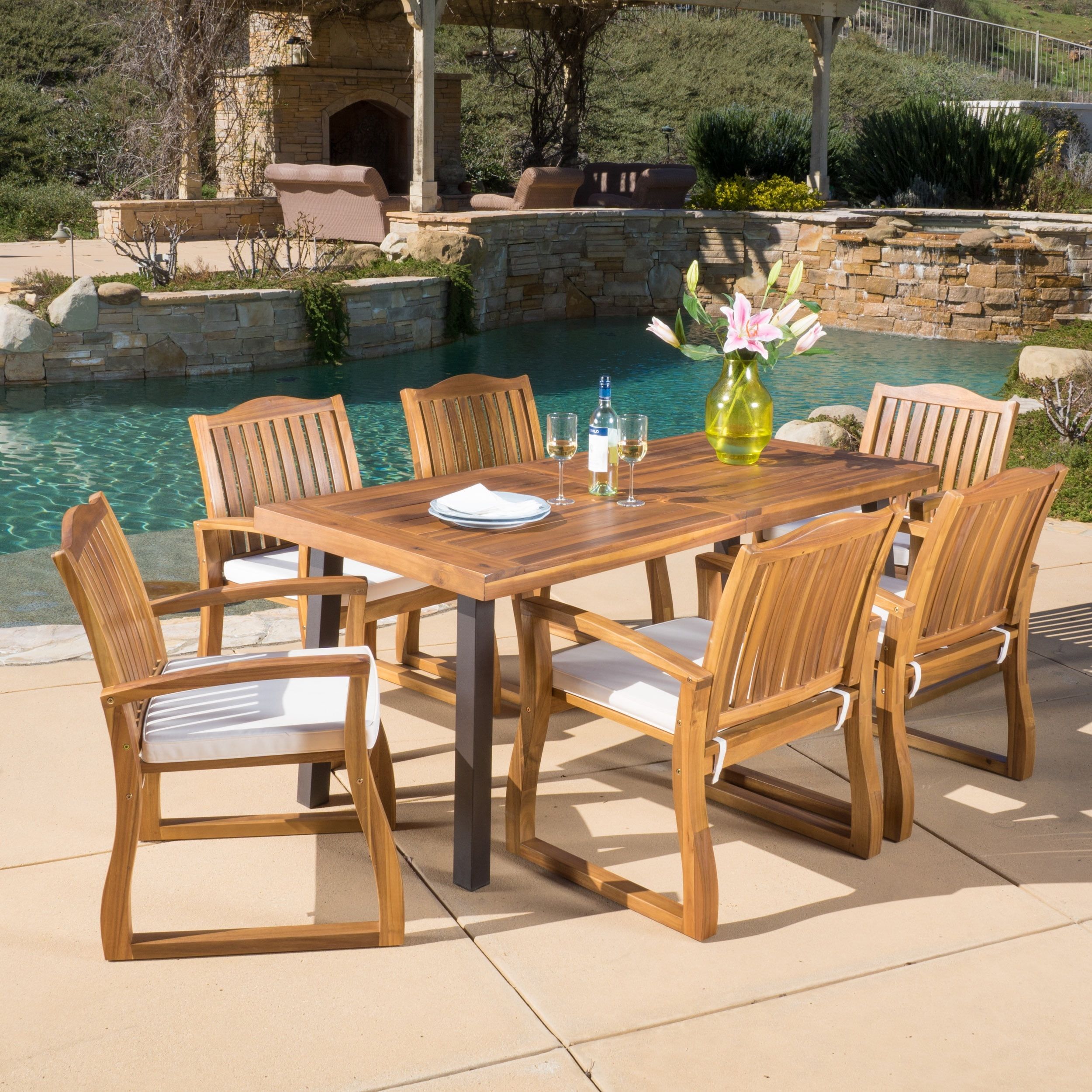 Gallagher Outdoor Acacia Wood 7Pc Dining Set, Teak Finish - Walmart.com pertaining to Martha Outdoor Acacia Wood 8 Seater Dining Set, Teak, Black
