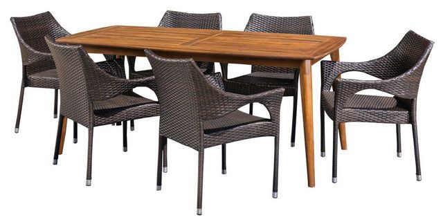 Gdf Studio 7-Piece Ben Outdoor Wicker Dining Set With Acacia Dining ... throughout Acacia Wood Care Tips for Your GDF Studio Castlelake Set