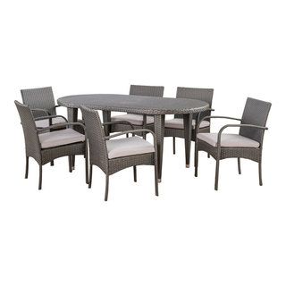 Gdf Studio 7-Piece Bunny Outdoor Gray Wicker Dining Set With Gray ... inside Gdf Studio 7-Piece Ashley Outdoor Aluminum Dining Set With Wicker Dining Chairs