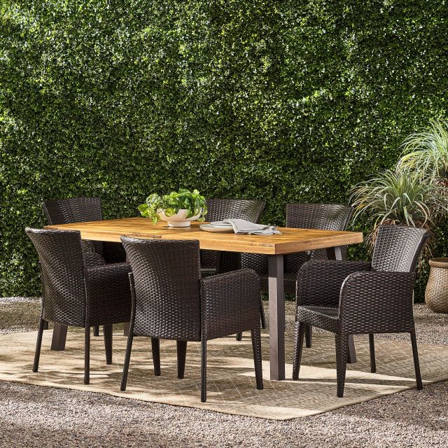 Gdf Studio 7-Piece Delgado Outdoor Dining, Wood Table With Wicker Chairs Set - Tropical ... with regard to Everyday Living With the GDF Studio Orange/Brown Outdoor Furniture
